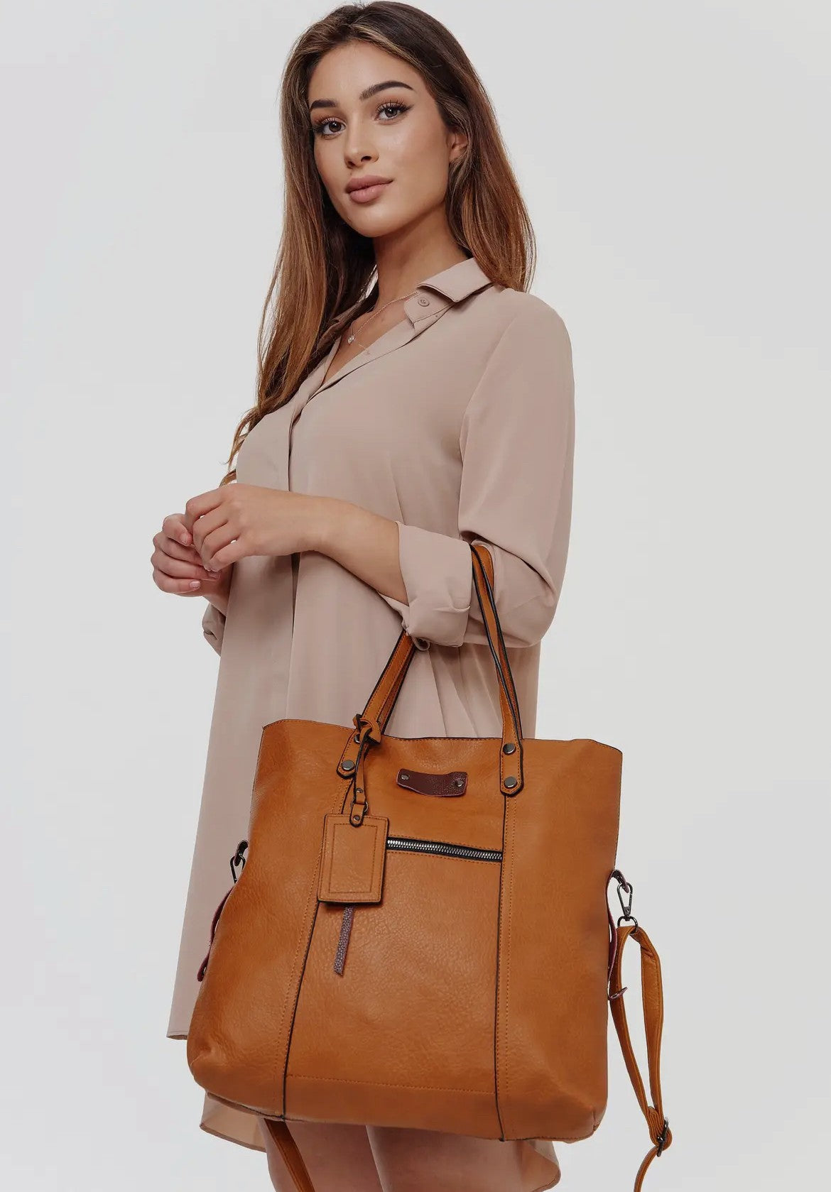 Shopper taske i cognac kunstlæder