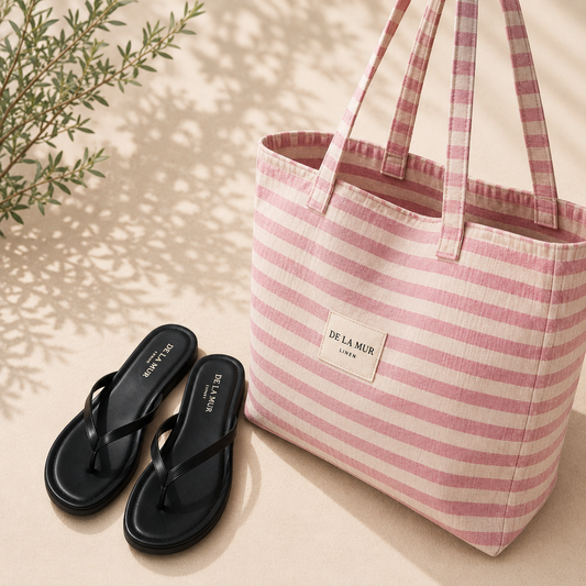 Sommerfavoritter - pink/creme stribet tote bag + valgfri tåsplit sandal