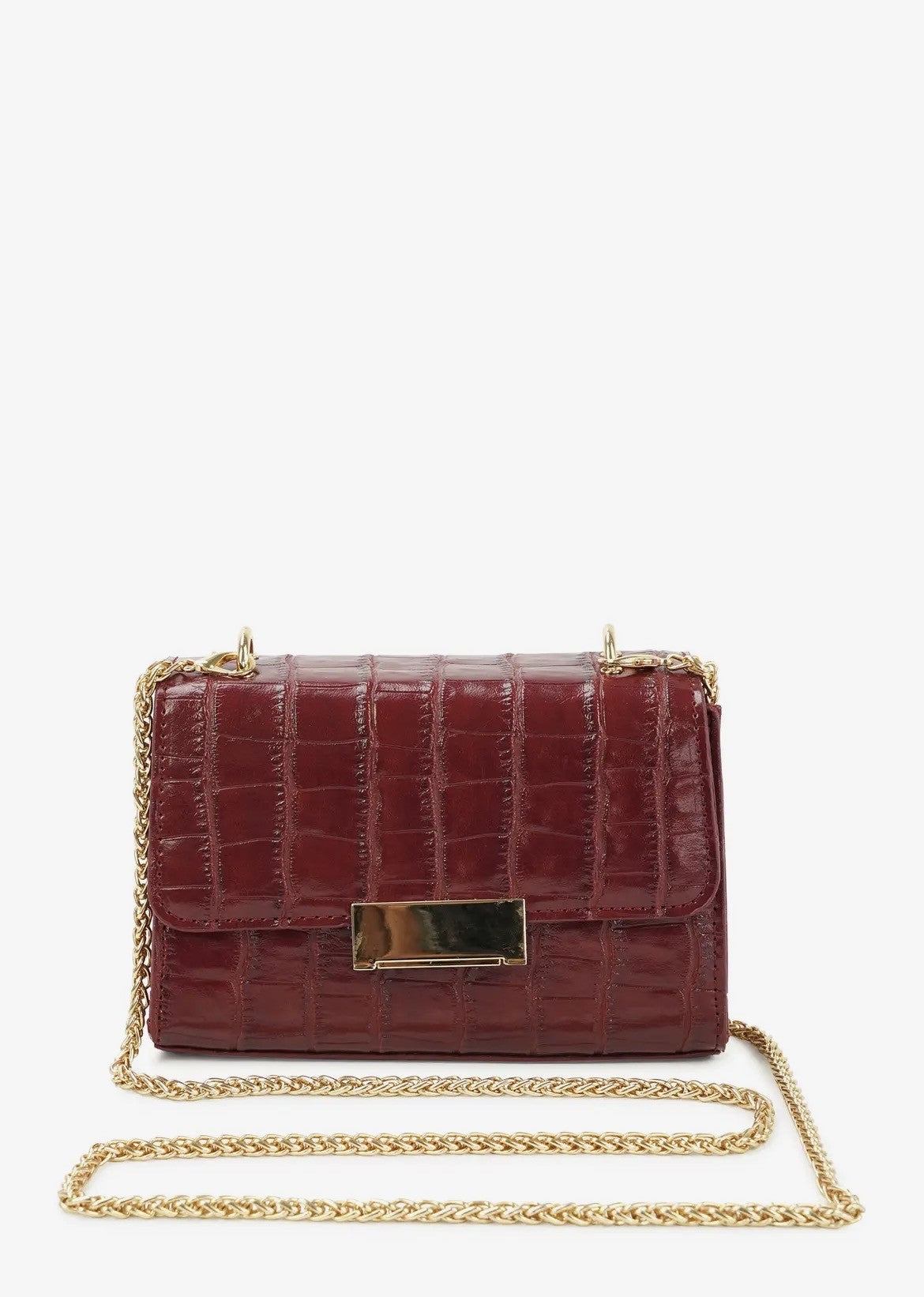 Elegant Bordeaux Crossbody taske- lille festtaske med guldkæde.