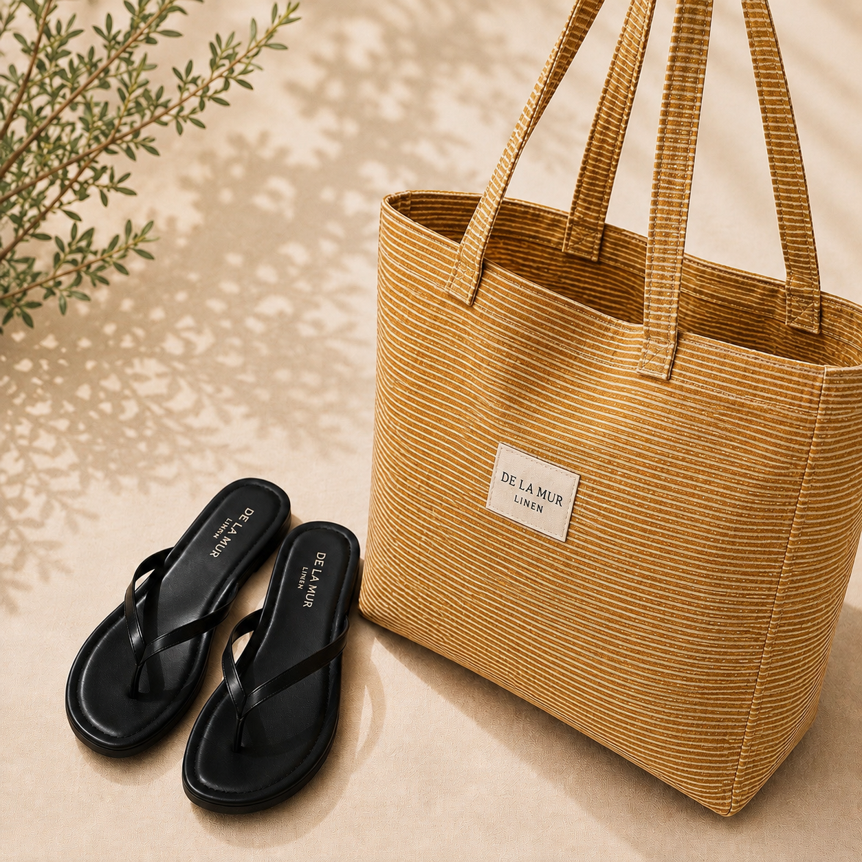 Sommerfavoritter - Sennep striber tote bag + valgfri tåsplit sandal