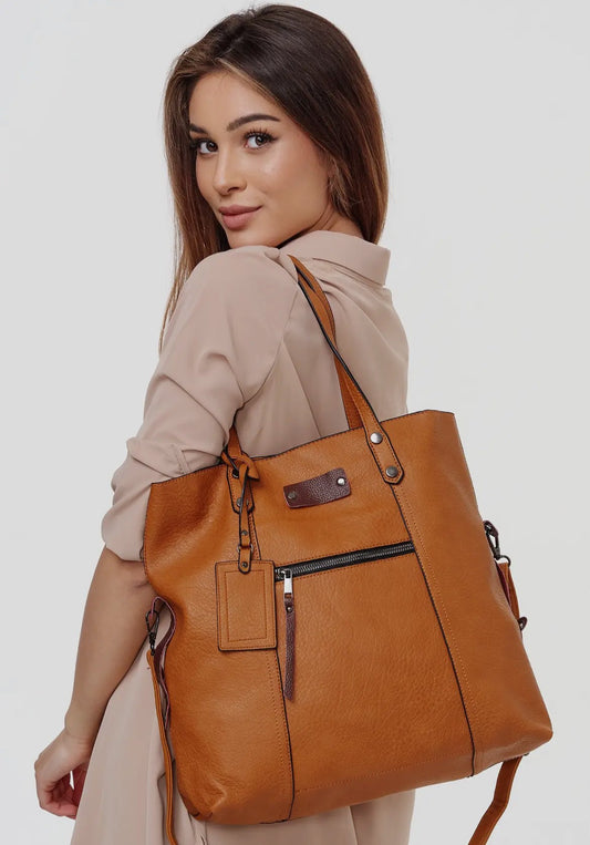 Shopper taske i cognac kunstlæder