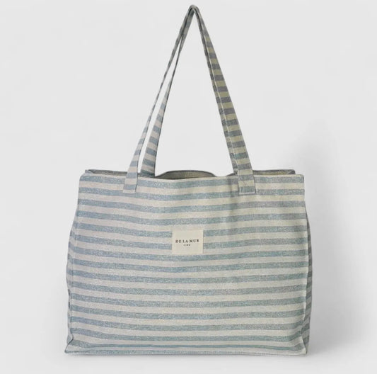 Tote bag i vævet half-panama stof – blå & grå striber (Mellem) | De La Mur