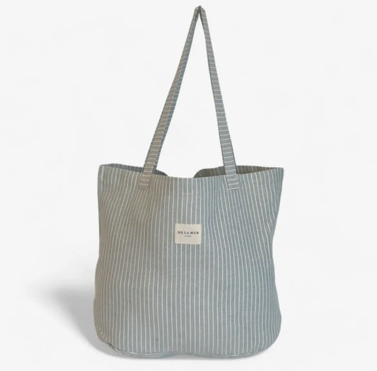 Tote bag i vævet stof – aqua grøn/blå striber (Stor) | De La Mur