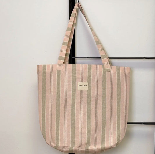 Tote bag i vævet stof – rosa & grå striber (Stor) | De La Mur