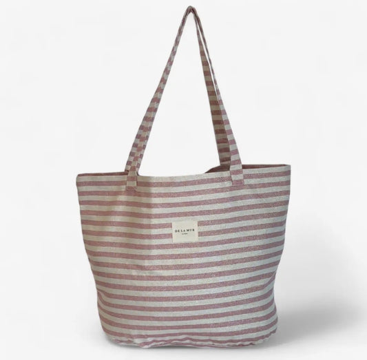 Tote bag i vævet half-panama stof – råhvid & pink striber med lurex (Stor) | De La Mur